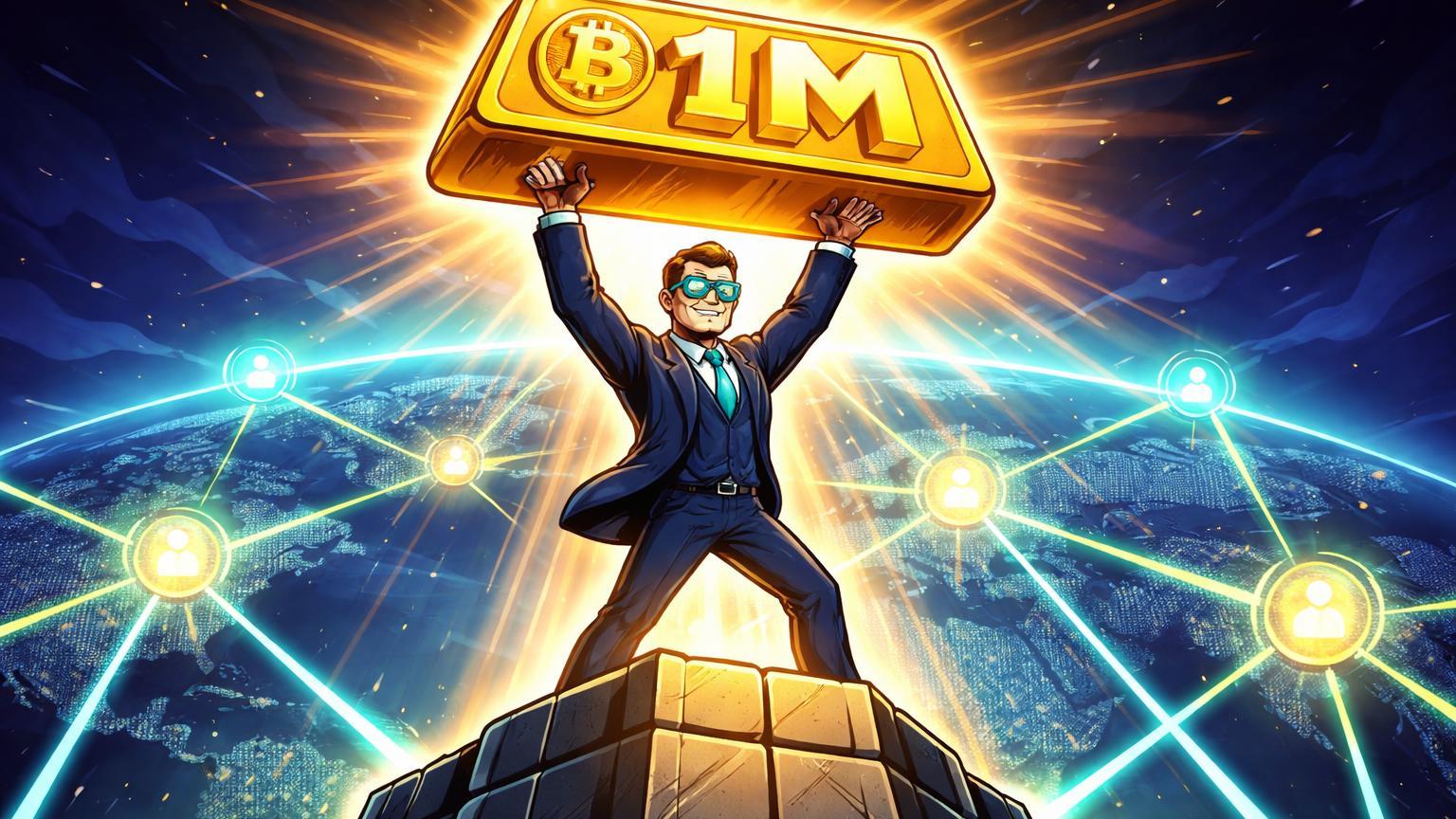 Personagem cartoon erguendo lingote BTC com 1M gravado para pedestal global, simbolizando reserva estratégica brasileira e adoção institucional