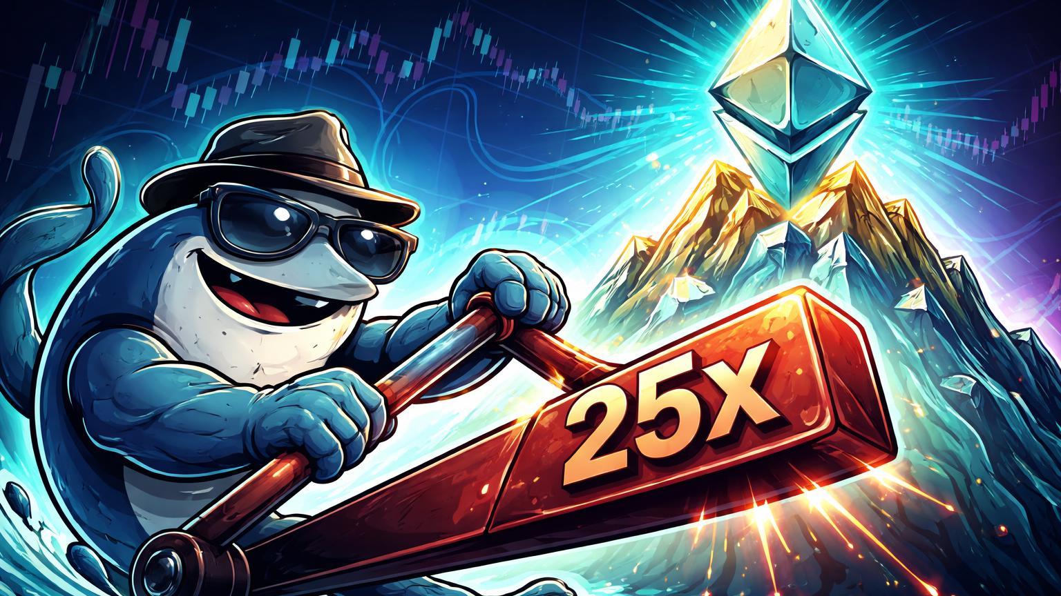 Baleia trader cartoon puxando alavanca 25x gigante em direção montanha ETH prismática, simbolizando posição longa de alta alavancagem