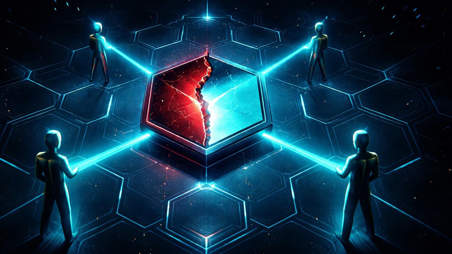 Rede hexagonal XRPL com hexágono central transitando de rachadura vermelha para selo cyan, silhuetas de validadores aplicando upgrade crucial