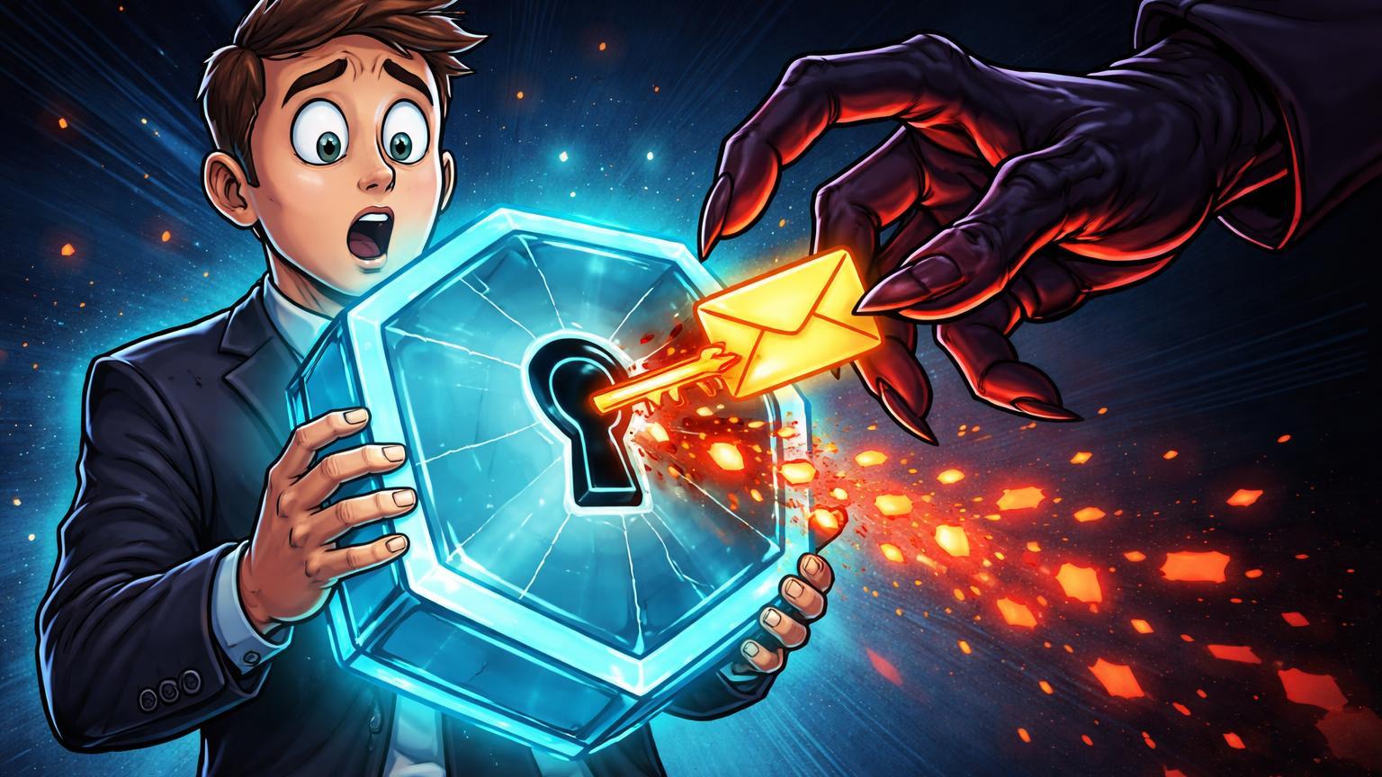 Personagem cartoon segurando cofre digital aberto por mão sombria, com dados vermelhos vazando, alertando sobre breach na Figure via engenharia social