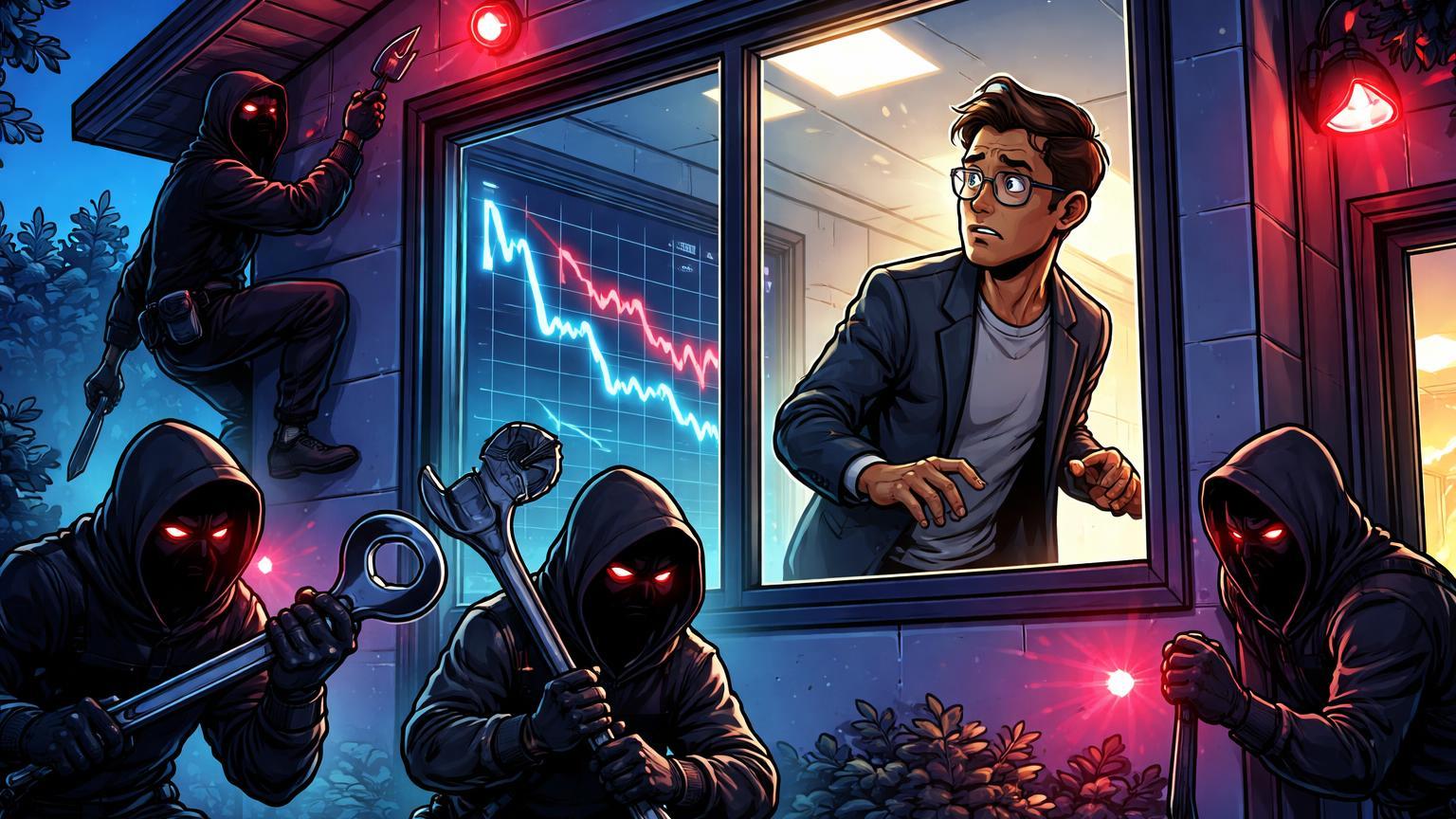 Executivo cartoon em casa high-tech alertado por invasores com ferramentas pela janela, ilustrando wrench attack a executivo da Binance