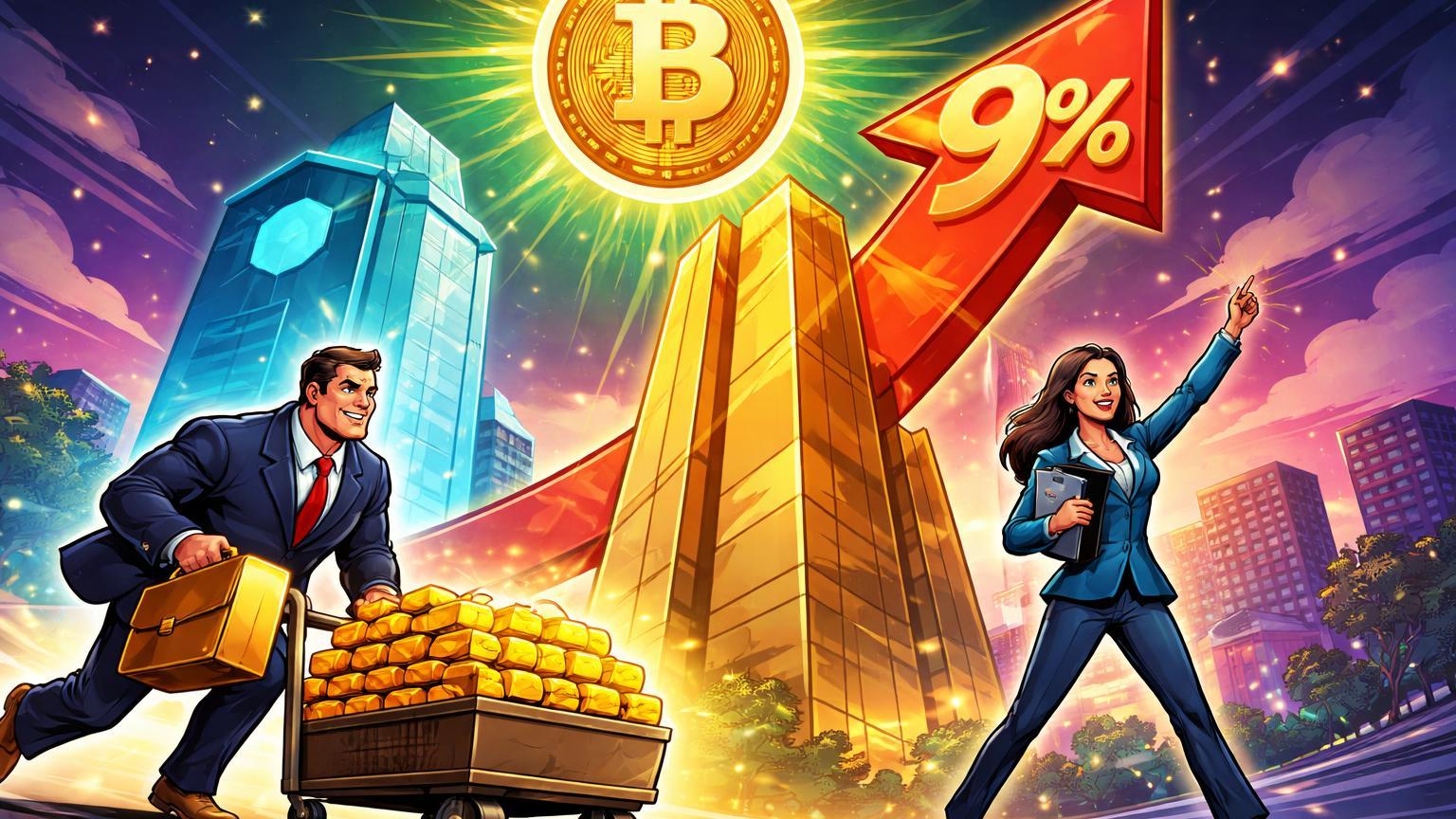 Executivos institucionais cartoon avançando com ouro para Coinbase e MSTR, seta +9% subindo e Bitcoin brilhante, sinalizando ofensiva bullish