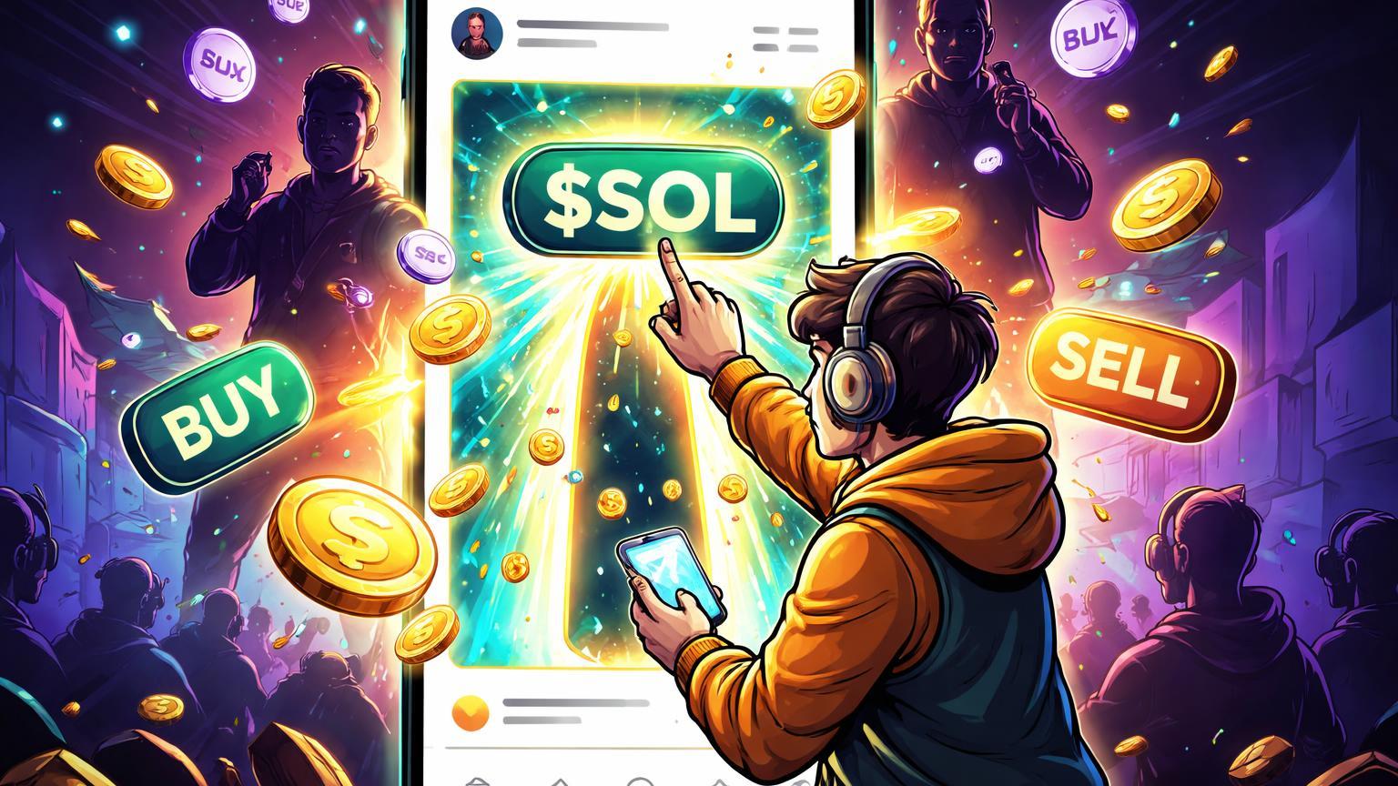 Usuário cartoon clicando em cashtag $SOL no feed do X, abrindo portal de trades com silhuetas Musk e CZ, simbolizando lançamento de Smart Cashtags