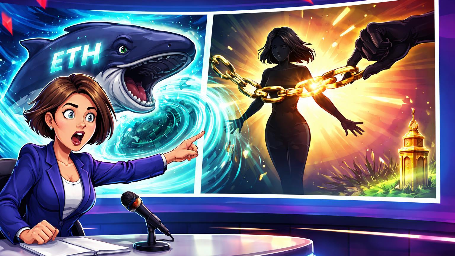 Âncora cartoon chocada apontando tela com baleia ETH mergulhando para exchange e corrente BTC sequestrada, eventos dominando mercado cripto