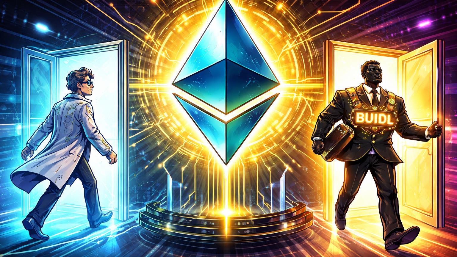 Personagens cartoon técnico saindo e institucional entrando em prisma Ethereum central, simbolizando transição com saída de diretor e BlackRock na Uniswap