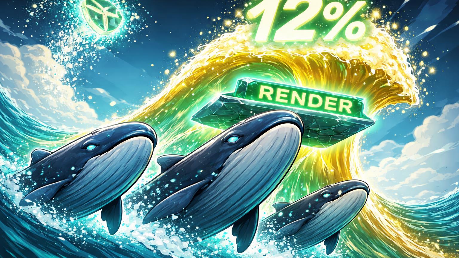 Baleias cartoon emergindo de oceano digital impulsionando onda com RENDER e 12%, simbolizando alta de altcoins e queda na dominaência USDT