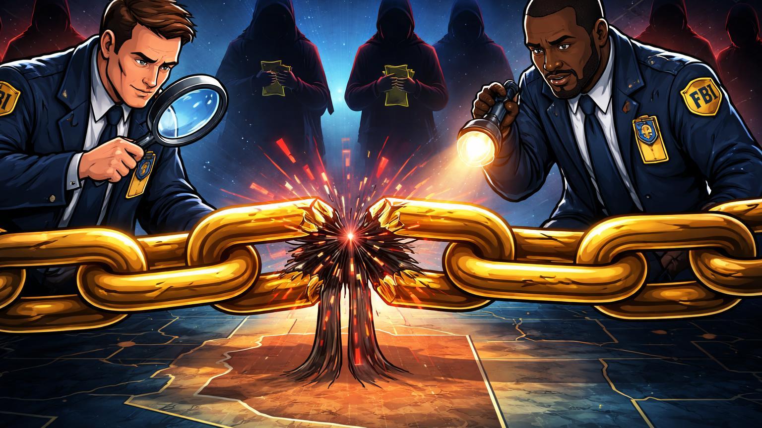 Agentes FBI cartoon examinando corrente Bitcoin rachada com silhuetas criminosas, alertando riscos de resgates em sequestros nos EUA