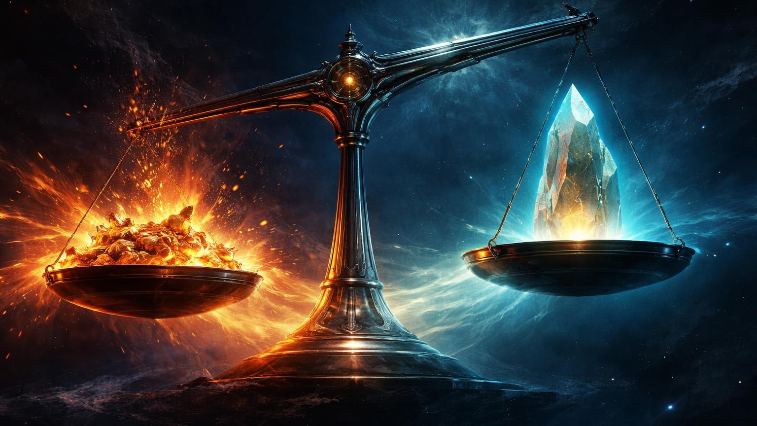 Balança cósmica com massa de ouro volátil fragmentando e monolito Bitcoin estável, simbolizando maturidade do BTC sobre ouro em saídas de ETFs