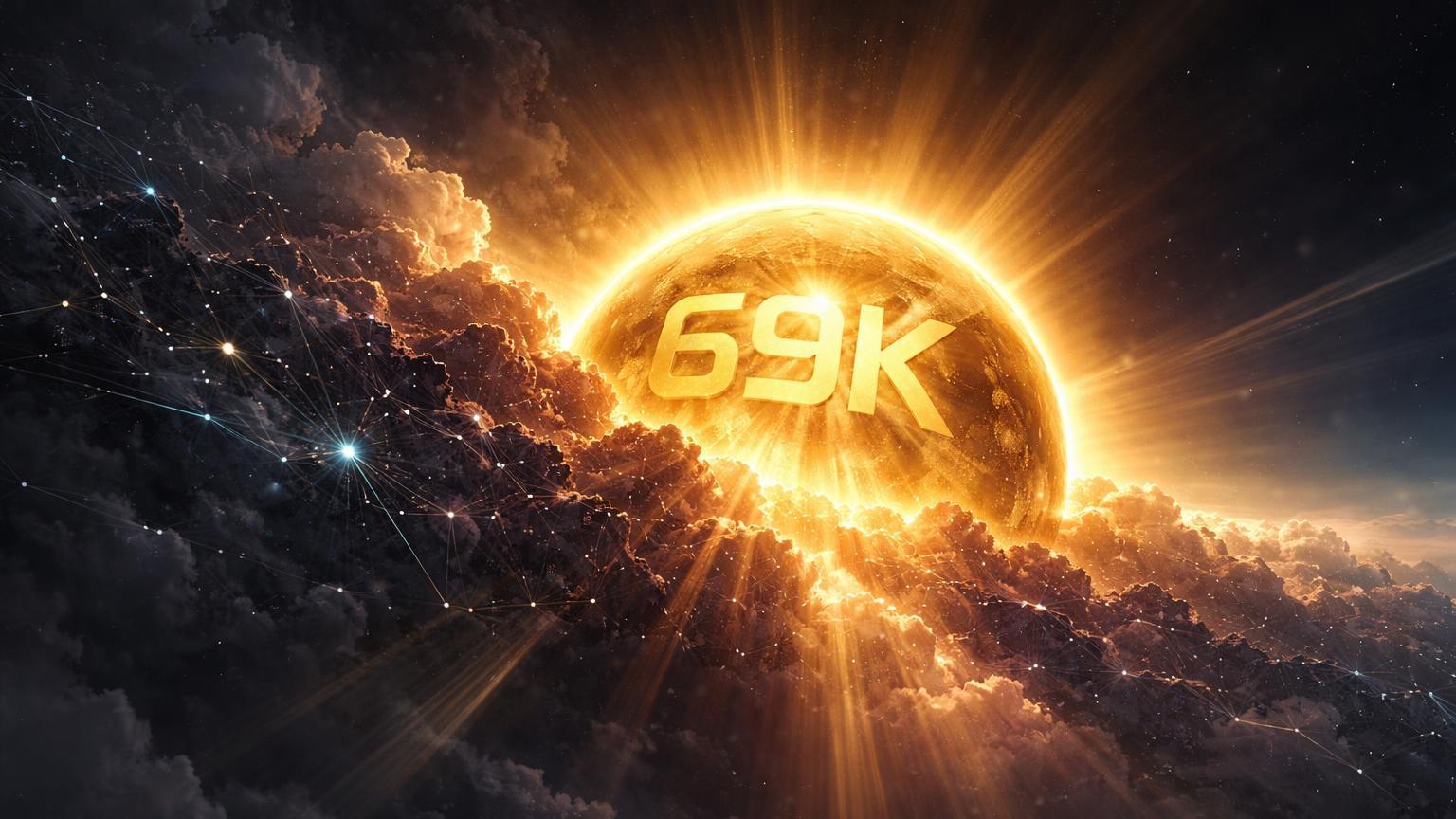 Sol dourado com 69K gravado emergindo de nuvem de dados fragmentados, simbolizando alta do Bitcoin após CPI mas medo on-chain persistente
