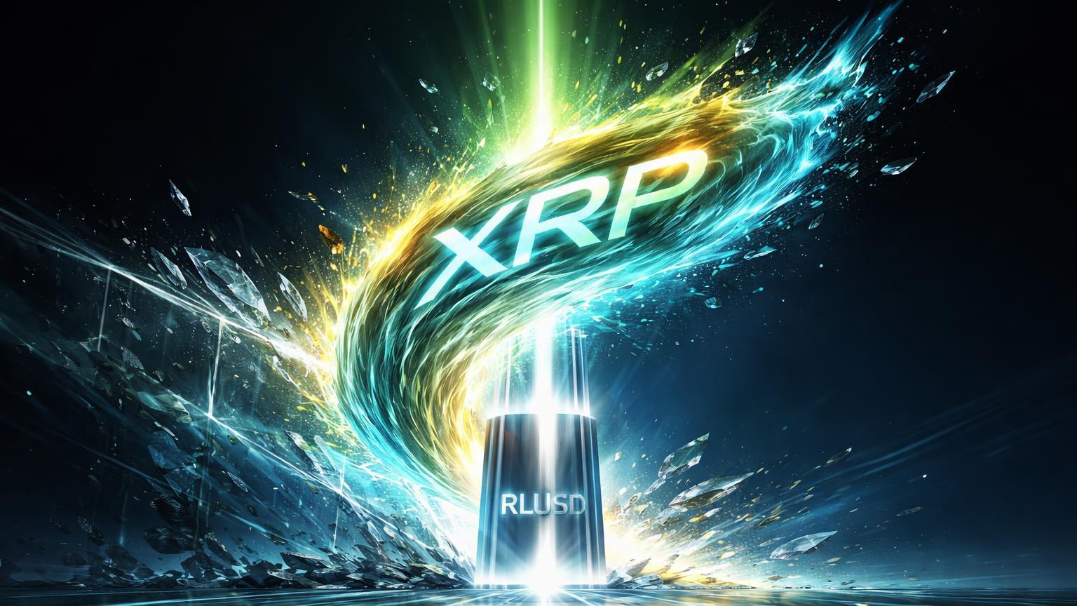 Onda de energia cyan-dourada XRP rompendo barreira cristalina com pilar RLUSD estável, simbolizando alta de 16% e lançamento na Binance