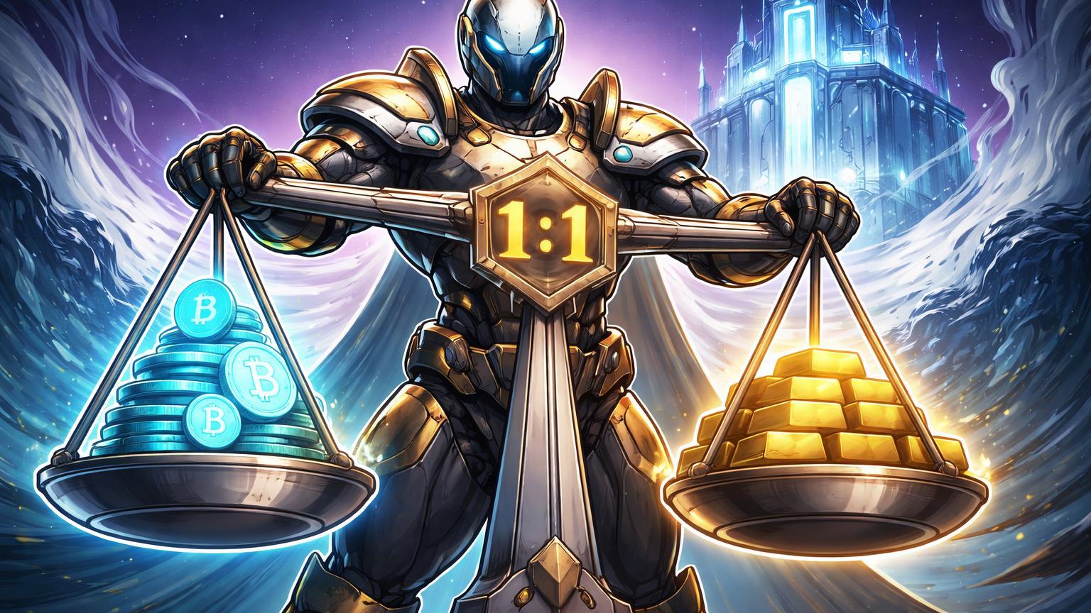 Guardião cartoon equilibrando balança 1:1 com reservas douradas e ativos cyan, resistindo a onda de saques da Binance