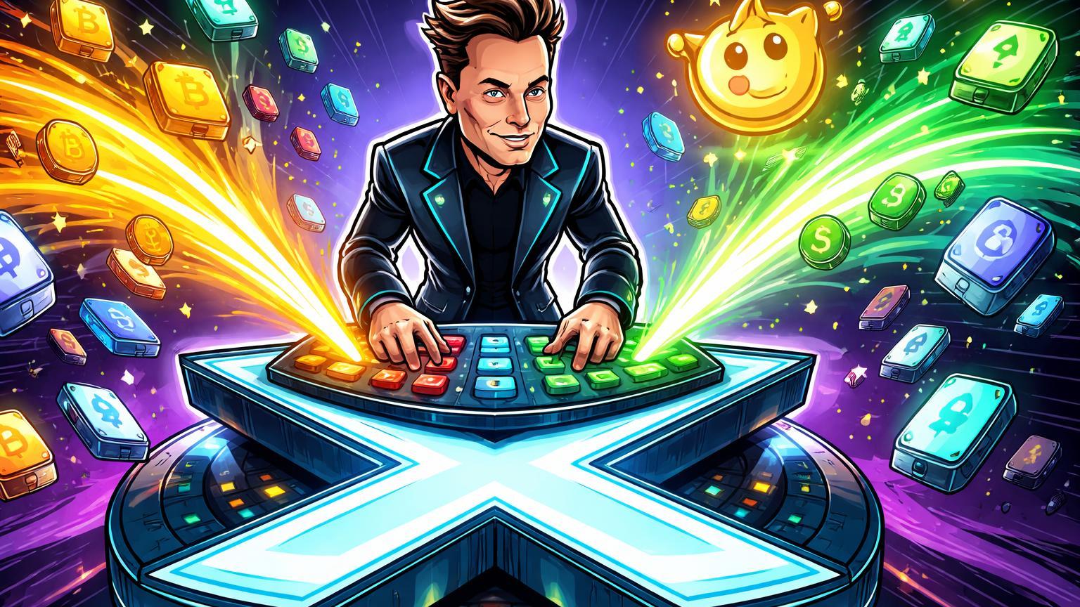 Personagem Elon Musk cartoon ativando trading de cripto na plataforma X gigante, sugando corretoras, simbolizando super app financeira