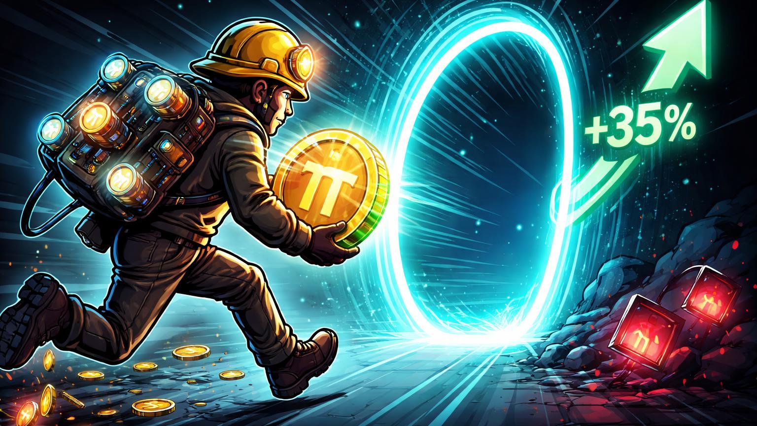 Personagem cartoon correndo com node PI para portal se fechando, seta +35% e tokens caindo, alertando deadline de upgrade no Pi Network