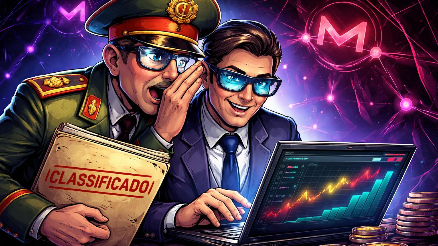 Personagens cartoon de insiders militares e traders em plataforma de apostas com sombras Monero, ilustrando escândalo de insider trading no Polymarket
