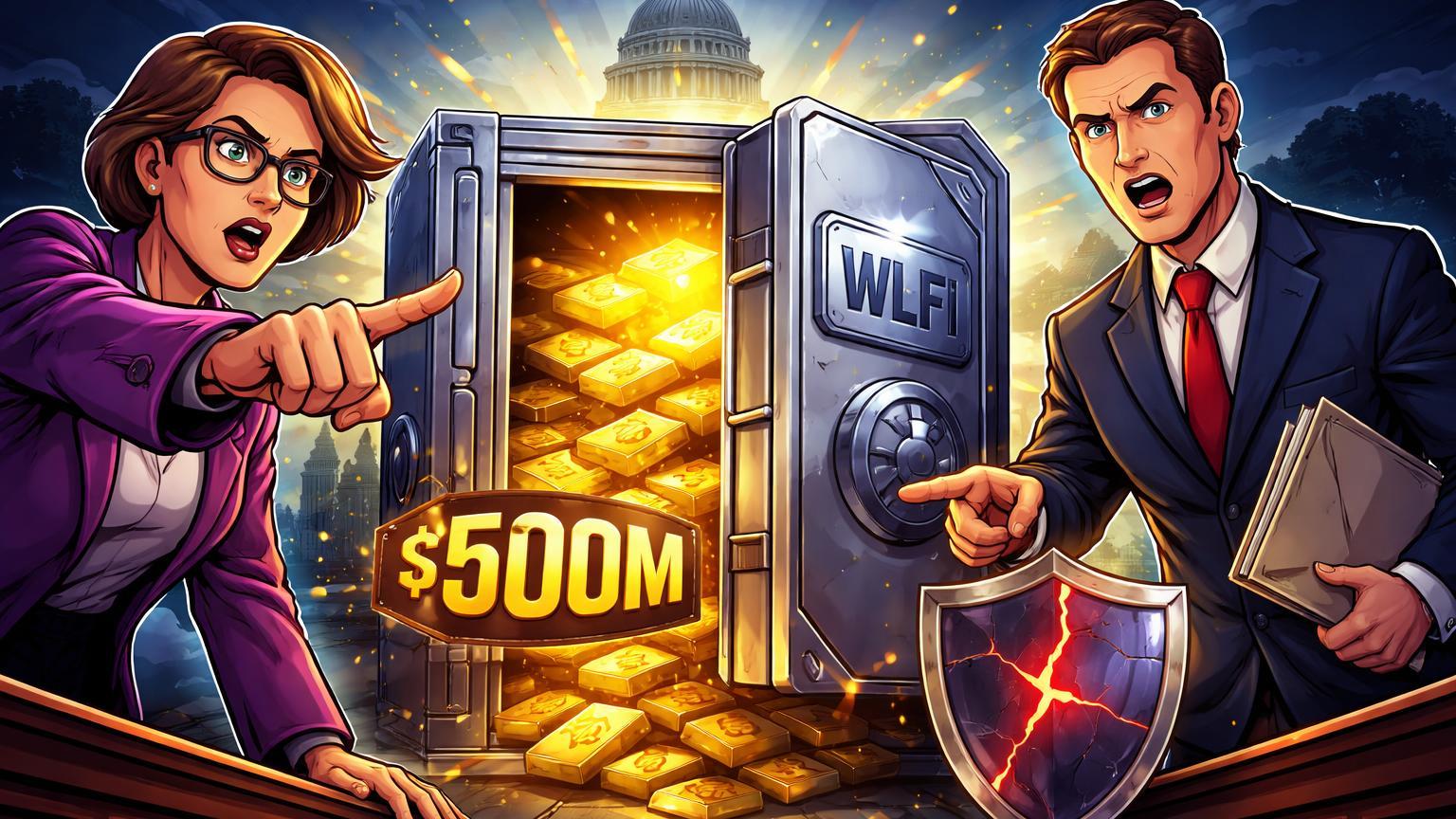 Senadores cartoon pressionando investigação em cofre WLFI com ouro UAE e escudo rachado, alertando riscos de segurança nacional nos EUA