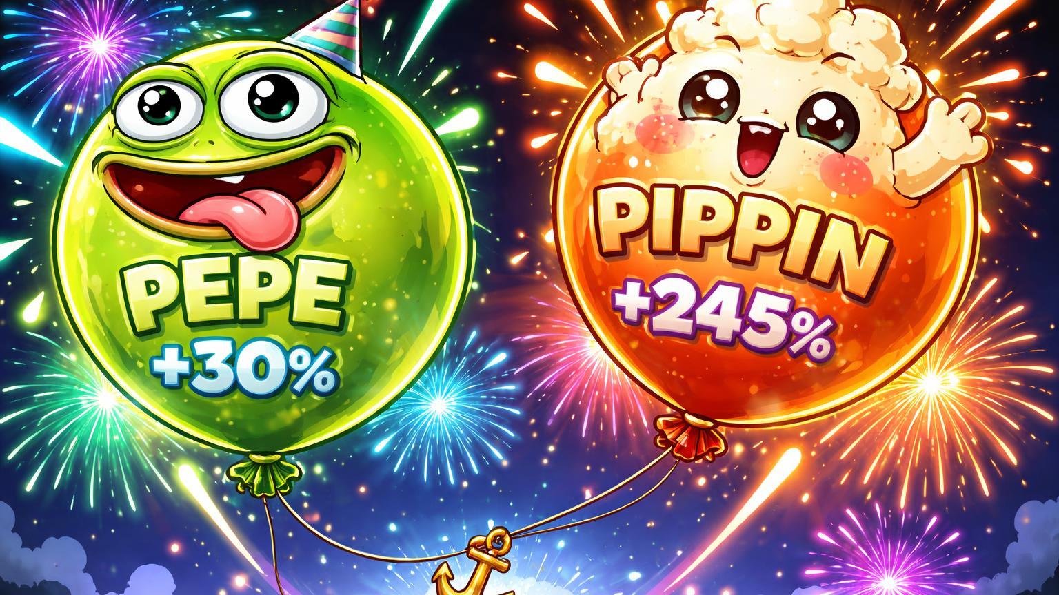 Balões cartoon de PEPE e PIPPIN inflando com +30% e +245%, amarrados a âncora frágil, simbolizando frenesi explosivo das meme coins