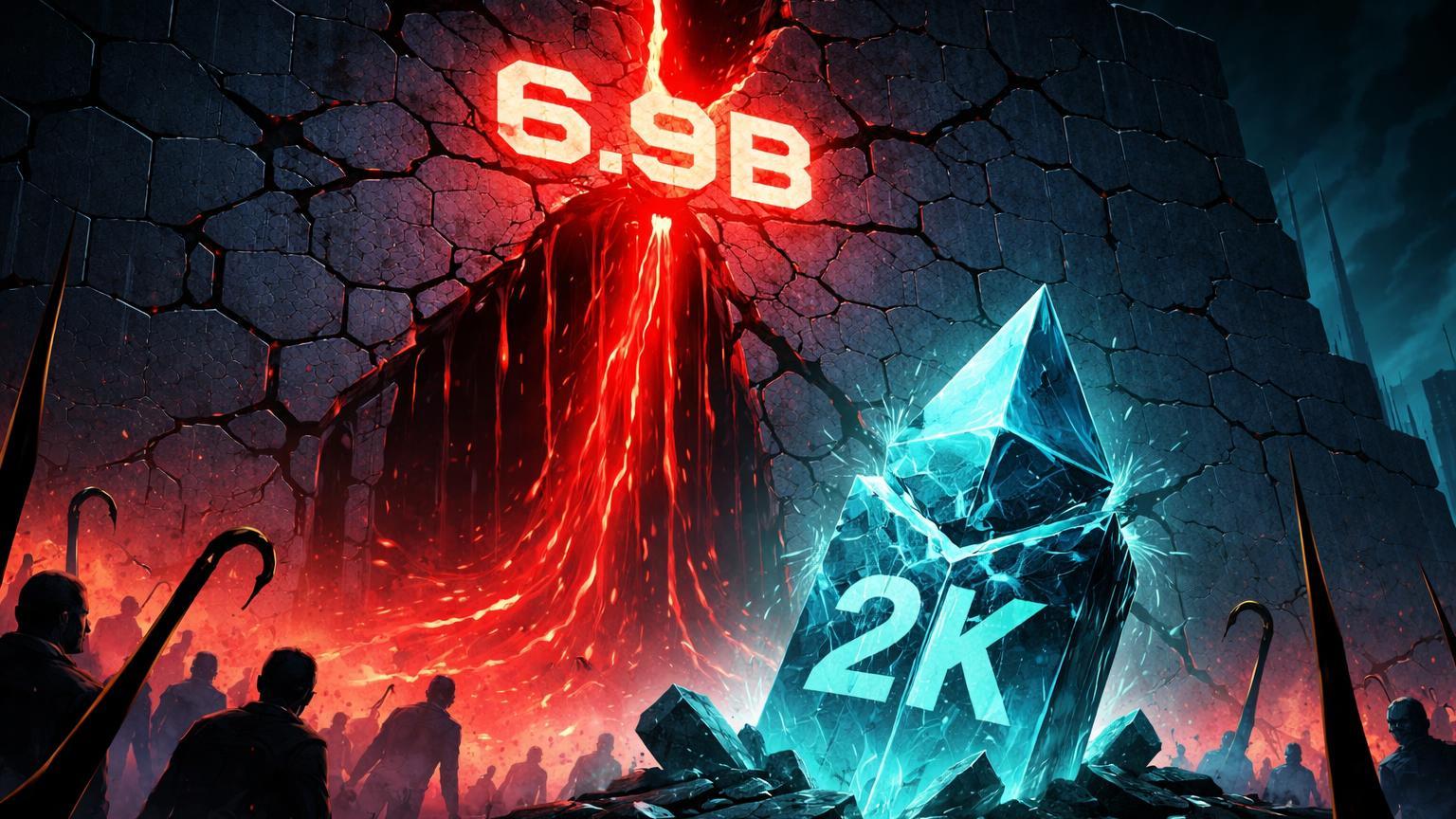 Muralha digital rachando com fluxo vermelho de liquidações, pilar ETH colapsando em 2K e ganchos phishing, alertando riscos no mercado cripto