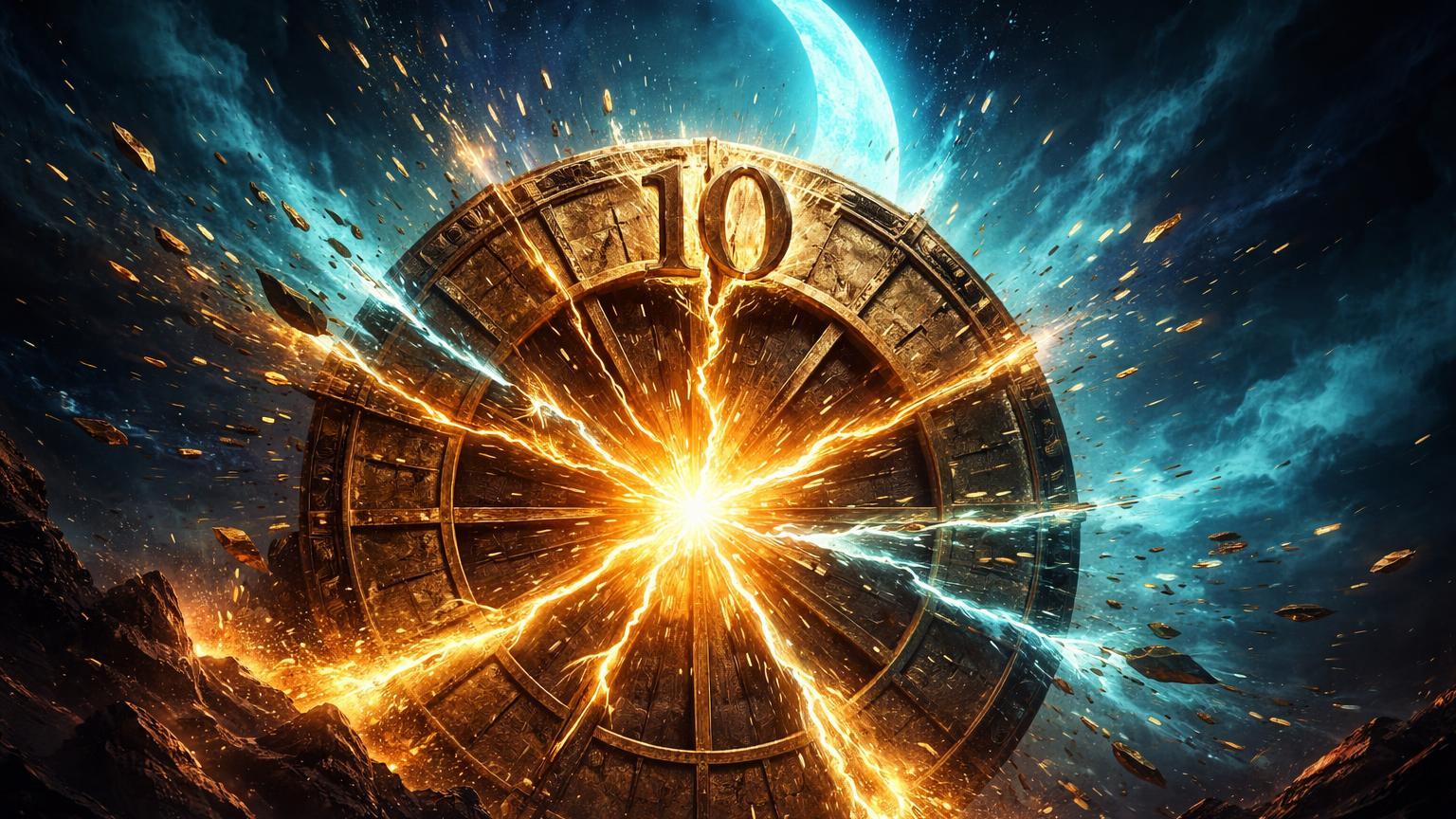 Roda cíclica dourada fragmentando-se com '10' rachado, simbolizando quebra da tradição sazonal de 10 anos do Bitcoin no Ano Novo Lunar