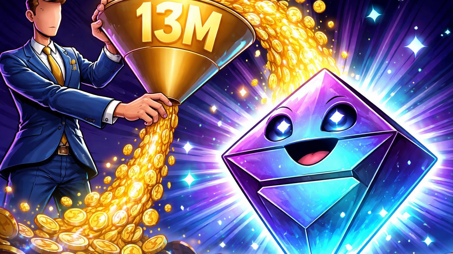 Executivo cartoon derramando fluxo dourado de funil com 13M em prisma Solana antropomorfizado, simbolizando influxos positivos em ETFs liderados por Bitwise