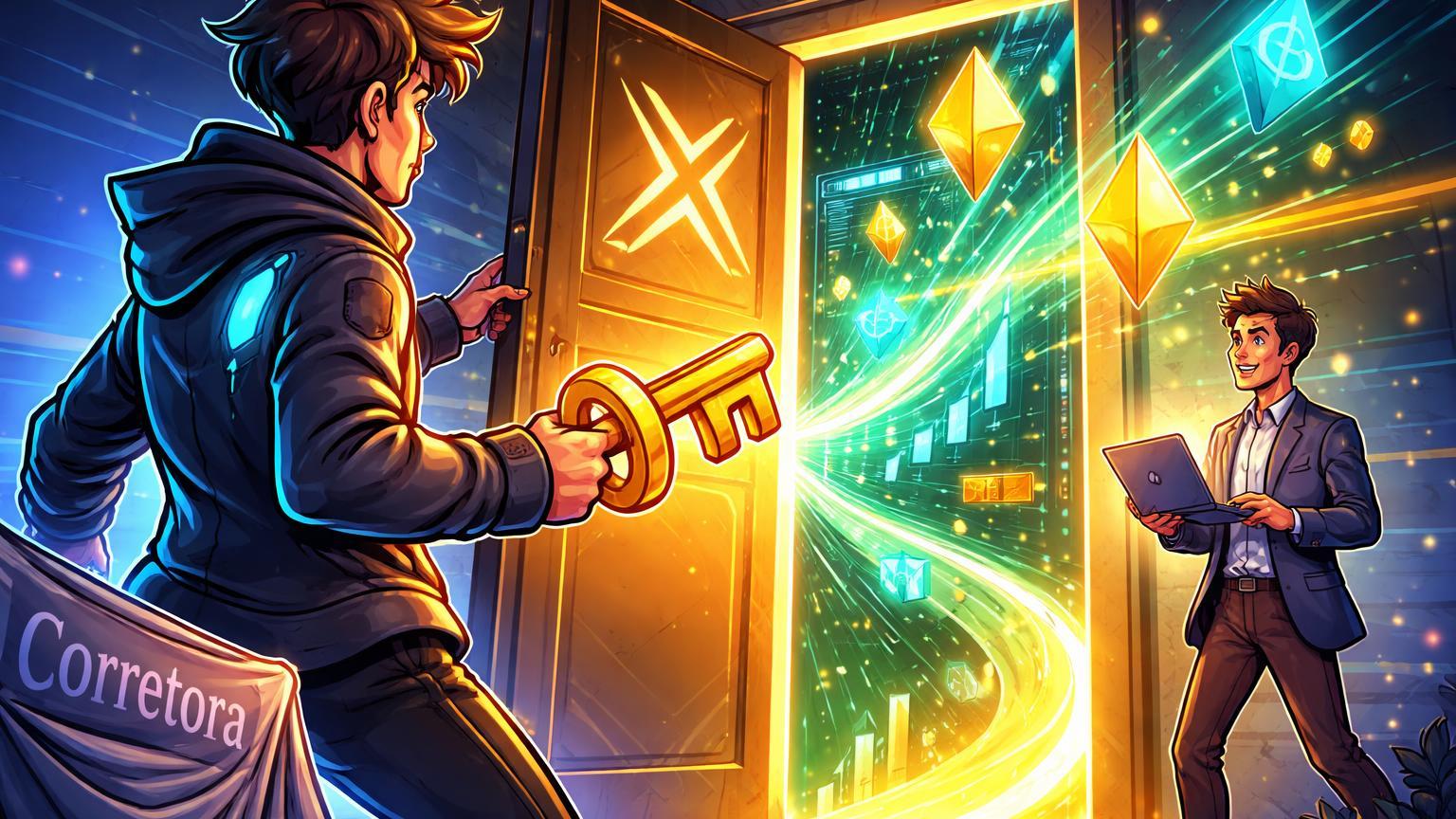 Visionário tech cartoon destrancando porta X para painel de dados cripto e ações, ignorando corretora, com trader animado