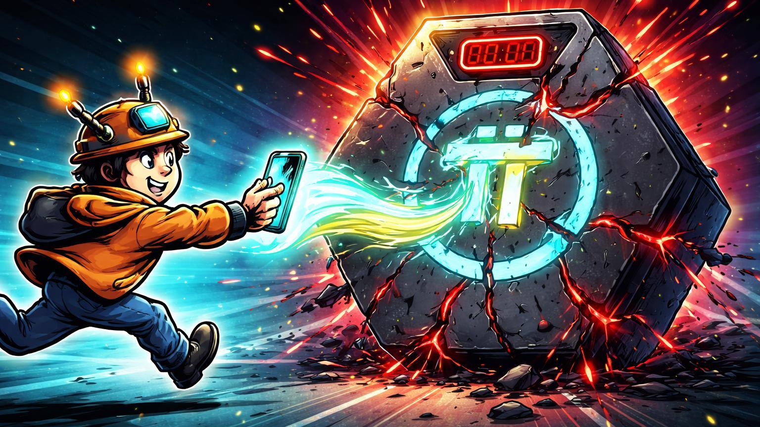 Personagem cartoon atualizando node rachado do Pi Network com energia cyan, simbolizando urgência do upgrade obrigatório para evitar perda de tokens