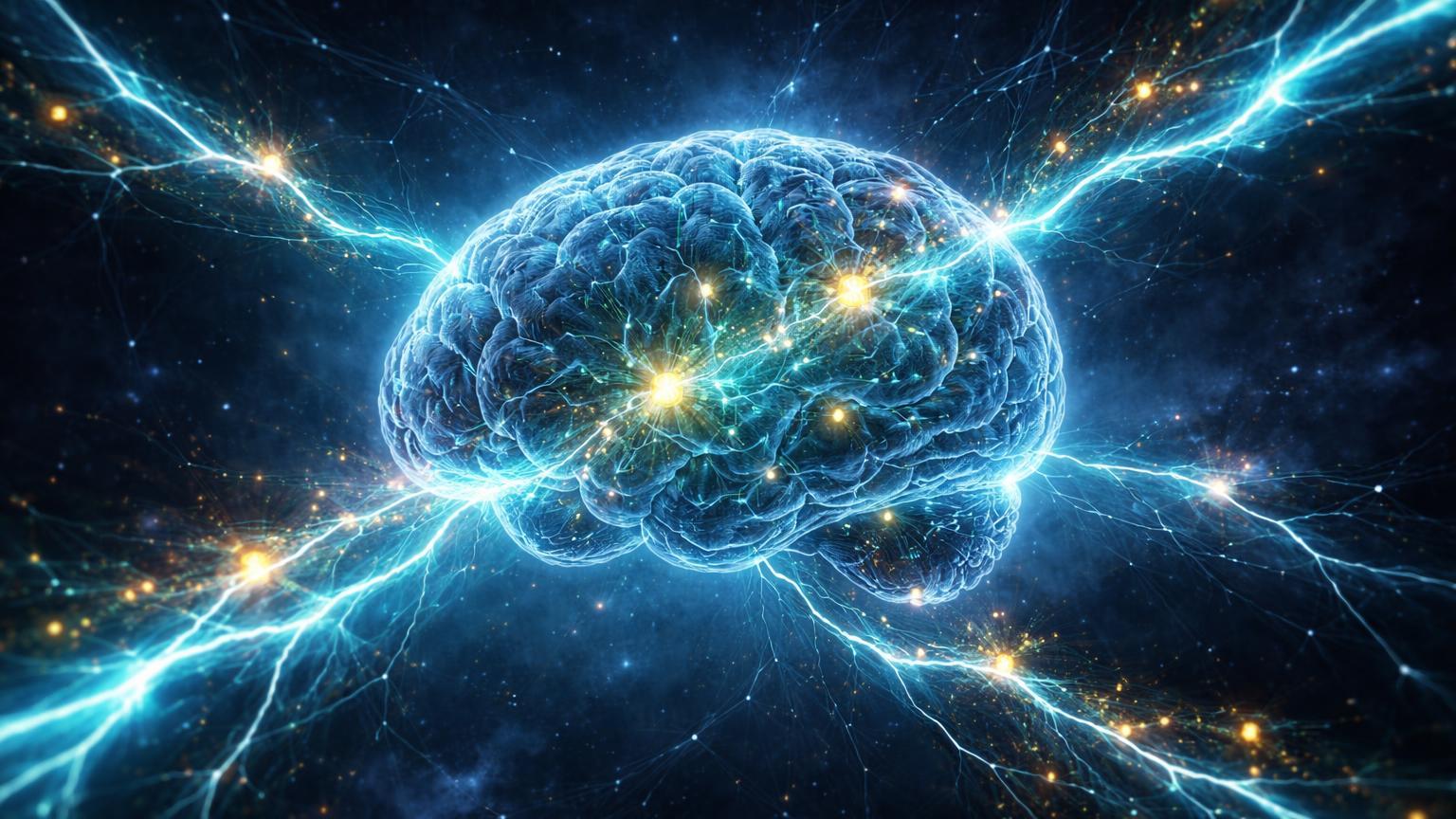 Cérebro neural digital pulsando com raios Lightning cyan transportando partículas douradas de Bitcoin, simbolizando micropagamentos autônomos para IAs