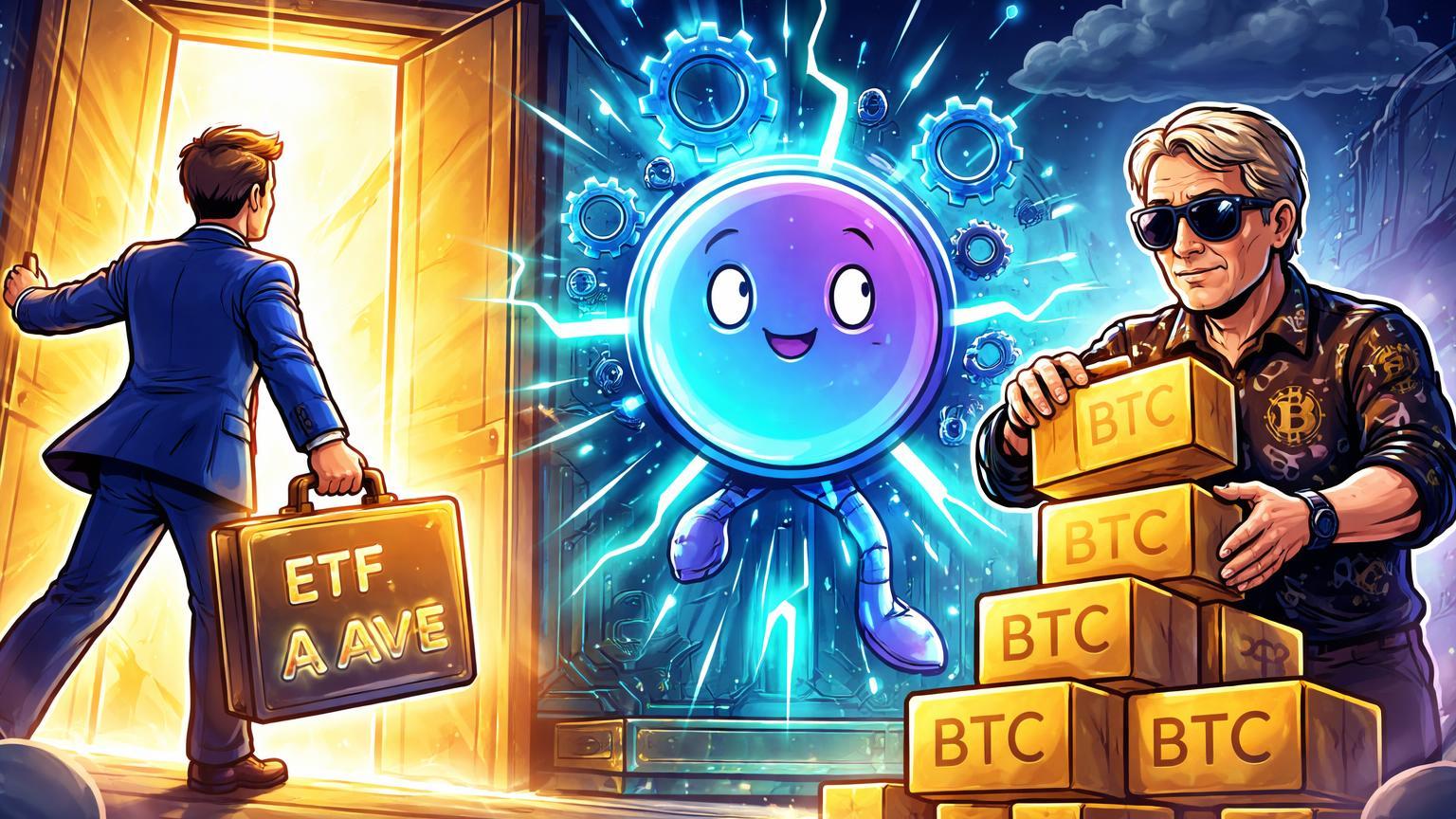 Executivos cartoon de Grayscale abrindo portas para hub DeFi Aave enquanto Saylor empilha BTCs, simbolizando ETF e adoção institucional