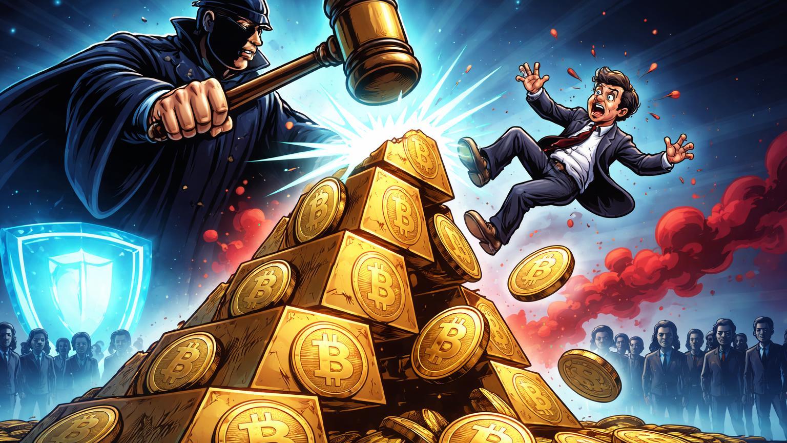 Juiz cartoon martelando pirâmide Ponzi de moedas Bitcoin falsas, CEO caindo em pânico, simbolizando sentença por esquema de fraude e alerta ao mercado