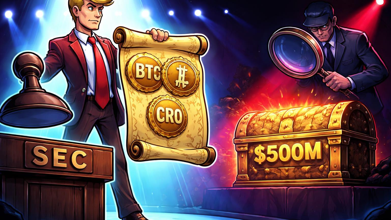 Personagem político cartoon apresenta ETFs BTC ETH CRO à SEC enquanto regulador investiga baú árabe de $500M, alertas de segurança nacional