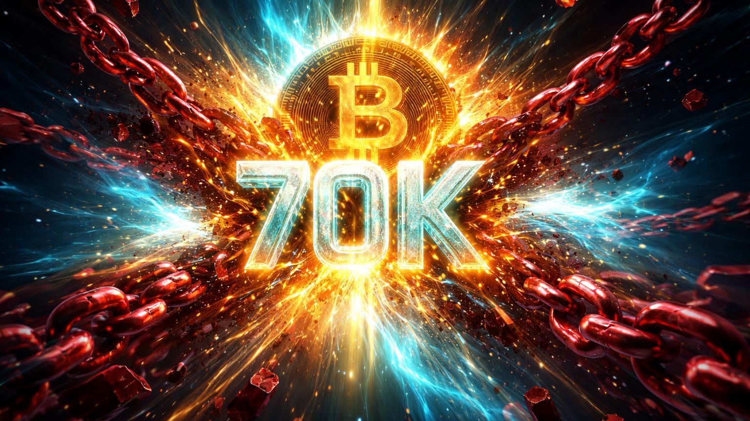 Correntes vermelhas de shorts estilhaçando sob explosão dourada-cyan com 70K cristalino, marcando liquidação massiva do Bitcoin e rali altcoins