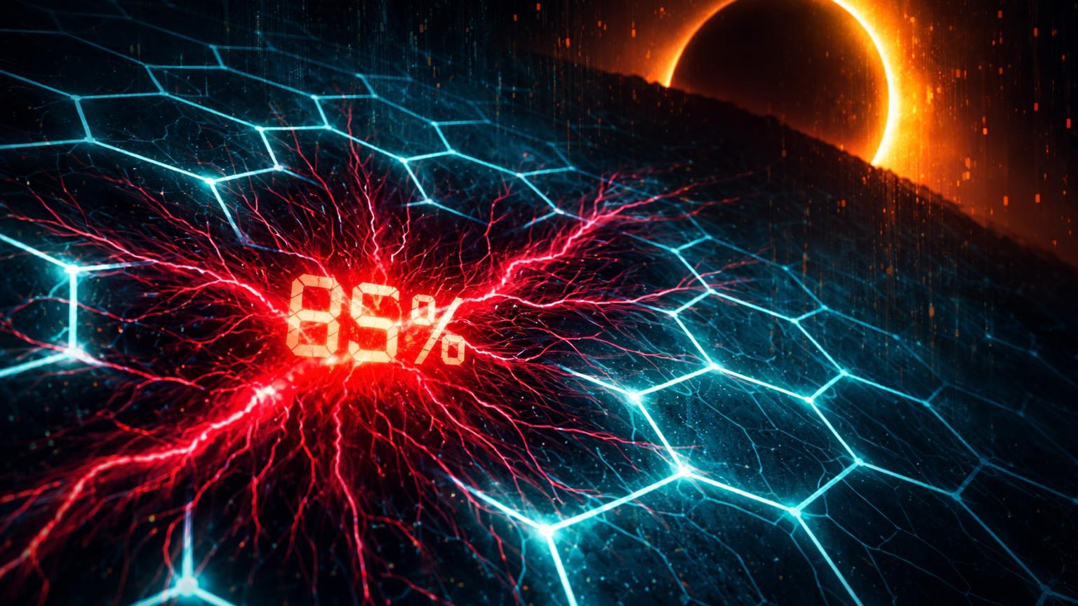 Rede hexagonal cyan infiltrada por veias vermelhas com 85%, sol dourado eclipsado, simbolizando crimes com cripto e queda do Bitcoin