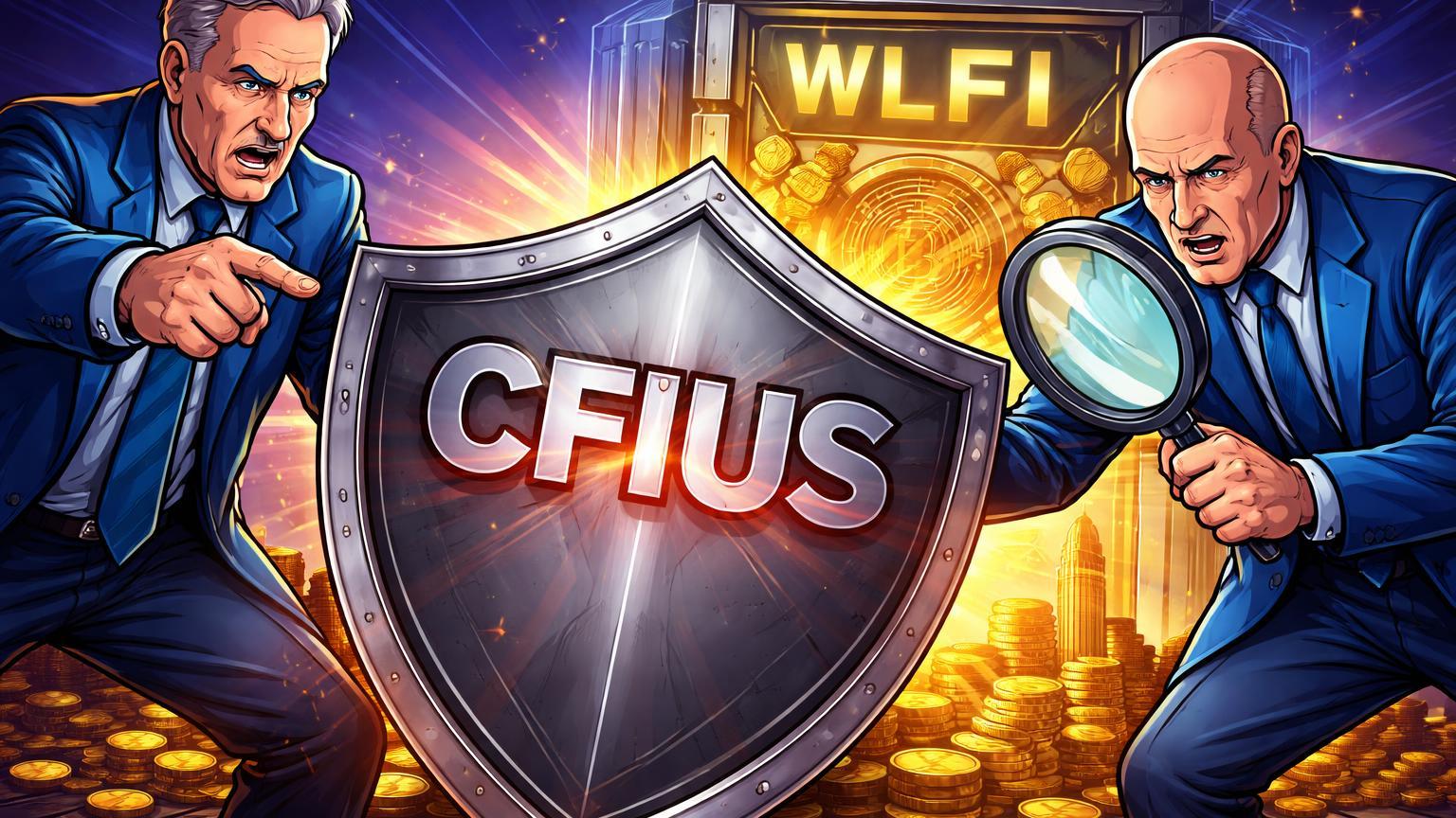Senadores cartoon democratas pressionando escudo CFIUS contra cofre WLFI com influxo de ouro árabe, simbolizando riscos geopolíticos em projeto cripto Trump