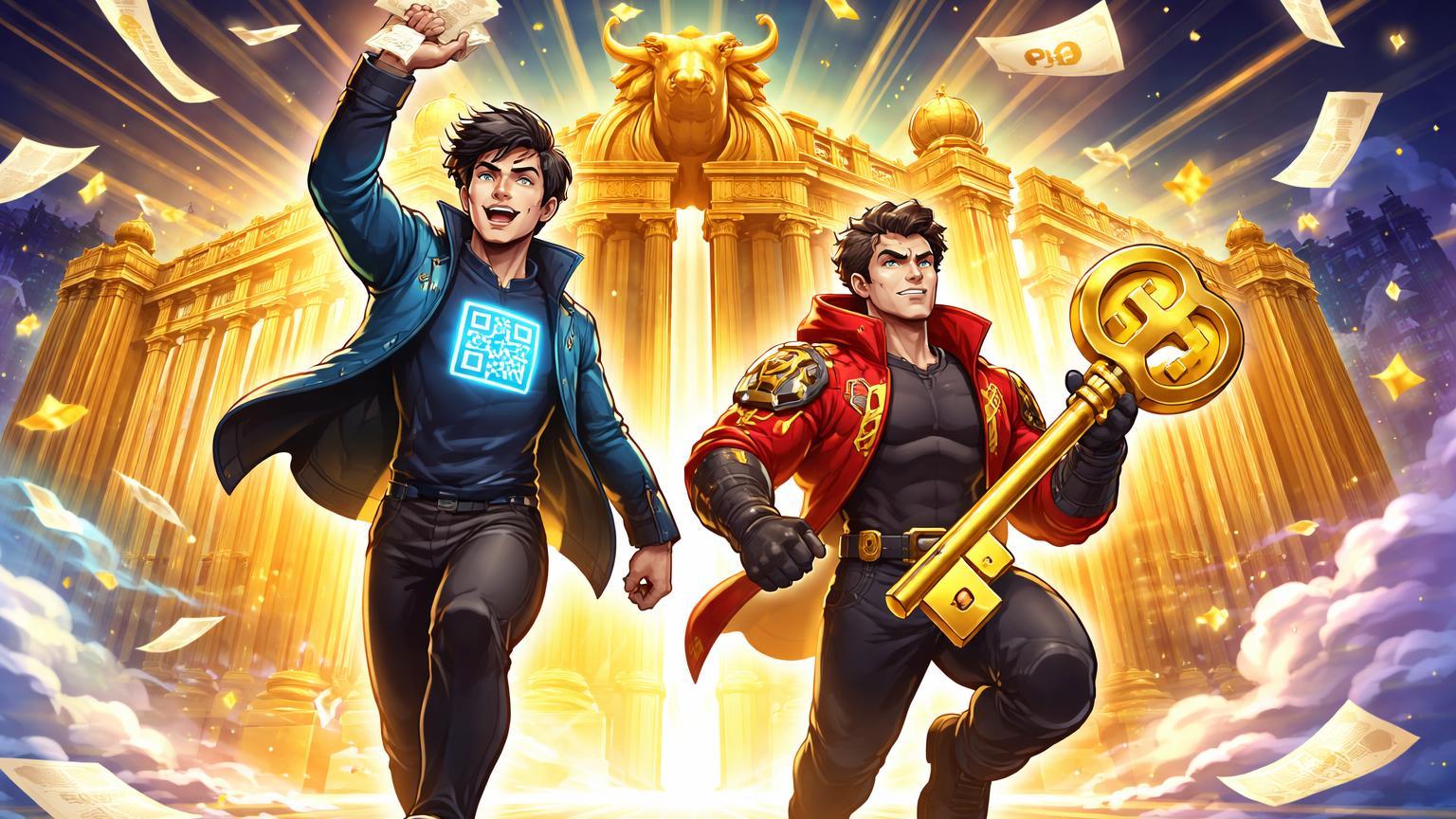 Personagens cartoon de fintechs asiáticas marchando para portões de Wall Street com papéis IPO e chave cripto, simbolizando expansão global