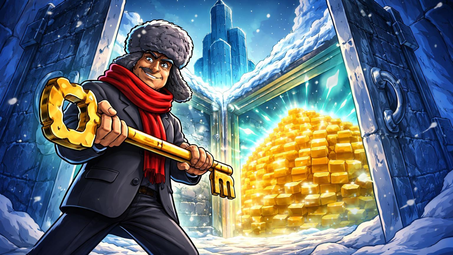 Burocrata cartoon russo abrindo portas de fortaleza nevada revelando tesouro cripto luminoso, simbolizando regulação e volume admitido na Russia