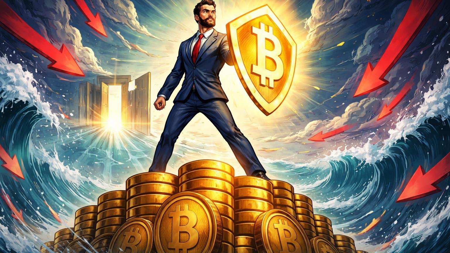 Executivo cartoon confiante segurando âncora BTC em plataforma de tesouraria durante tempestade de mercado, simbolizando resiliência da Strategy com Michael Saylor