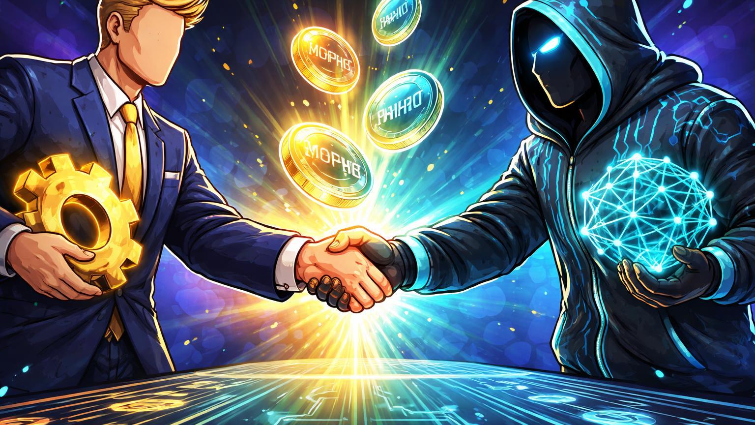 Executivos cartoon de finanças tradicionais e DeFi apertando mãos com tokens MORPHO fluindo, simbolizando parceria Apollo-Morpho