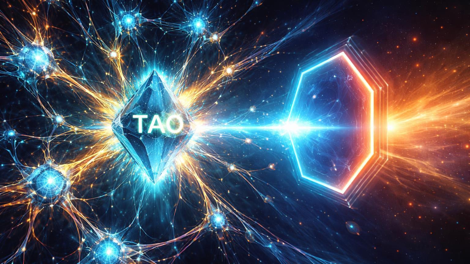 Rede neural pulsante com núcleo TAO cristalino conectando a portal hexagonal, simbolizando listagem na Upbit e tração de IA descentralizada na Ásia