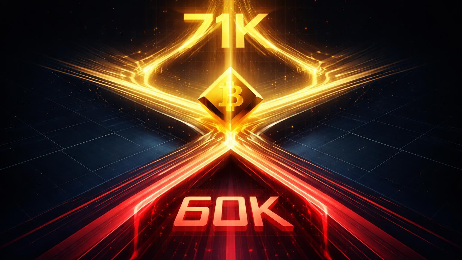Encruzilhada geométrica com caminhos dourado para 71K e vermelho para 60K divergindo de núcleo Bitcoin, ilustrando oscilação técnica