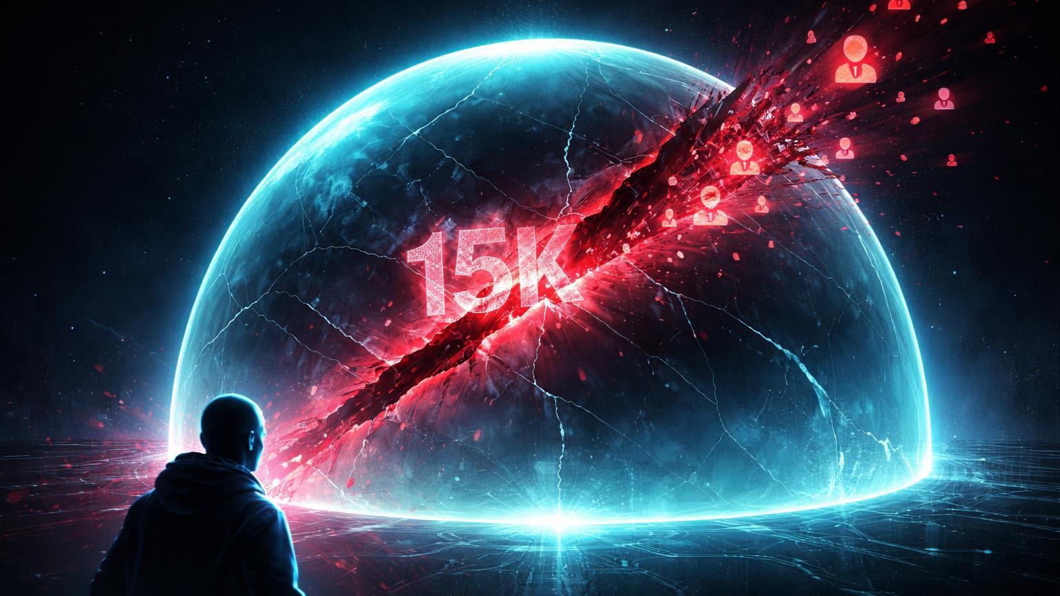 Cúpula digital cyan rachada com dados vermelhos vazando e '15K' cristalino, silhueta alarmada simbolizando vazamento na Naver de 15 mil usuários brasileiros