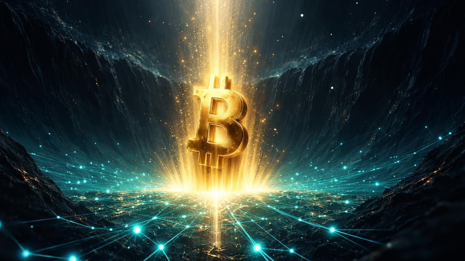 Abismo digital com rede on-chain cyan no fundo e monolito Bitcoin dourado emergindo, simbolizando fundo proximo apos queda de 22%