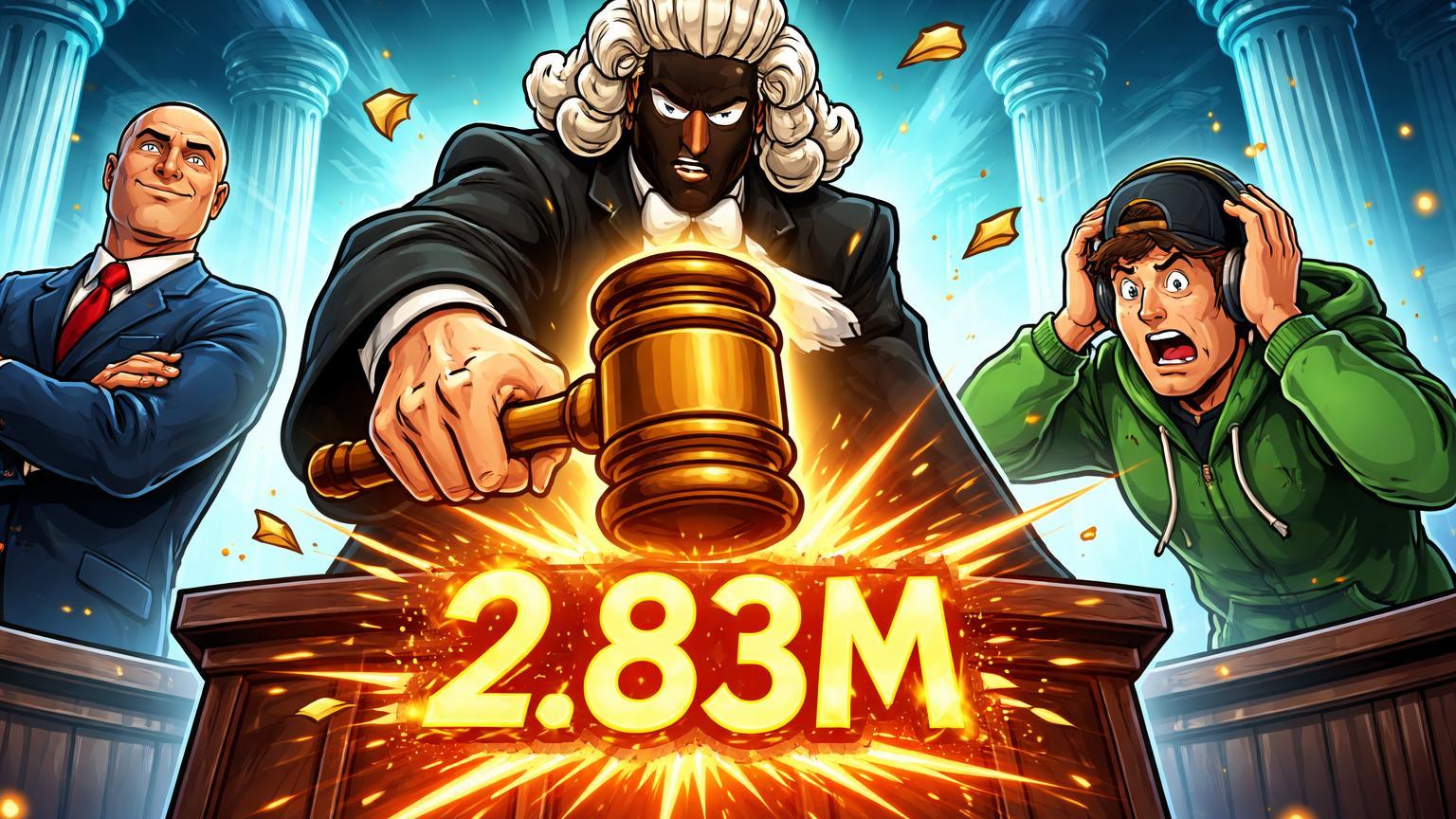 Cena cartoon de tribunal com juiz batendo martelo emitindo '2.83M', Kevin O’Leary vitorioso e BitBoy derrotado por difamação em cripto