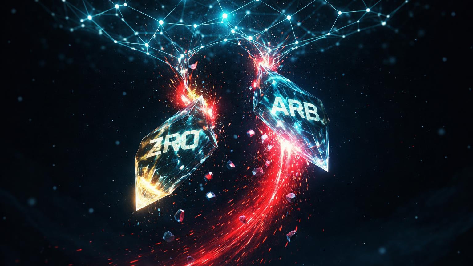 Cristais com ZRO e ARB se desprendendo de rede cyberpunk com fluxo vermelho descendente, simbolizando desbloqueios de tokens e pressão nos preços