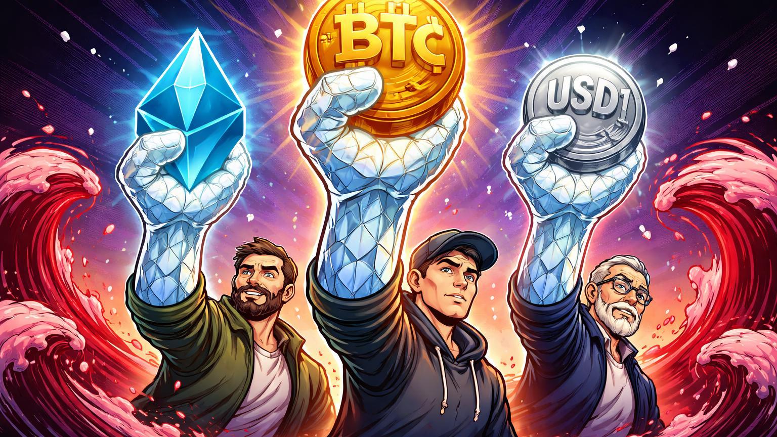 Investidores cartoon com mãos de diamante segurando cristais BTC, ETH e stablecoin, ignorando ondas de queda na Coinbase