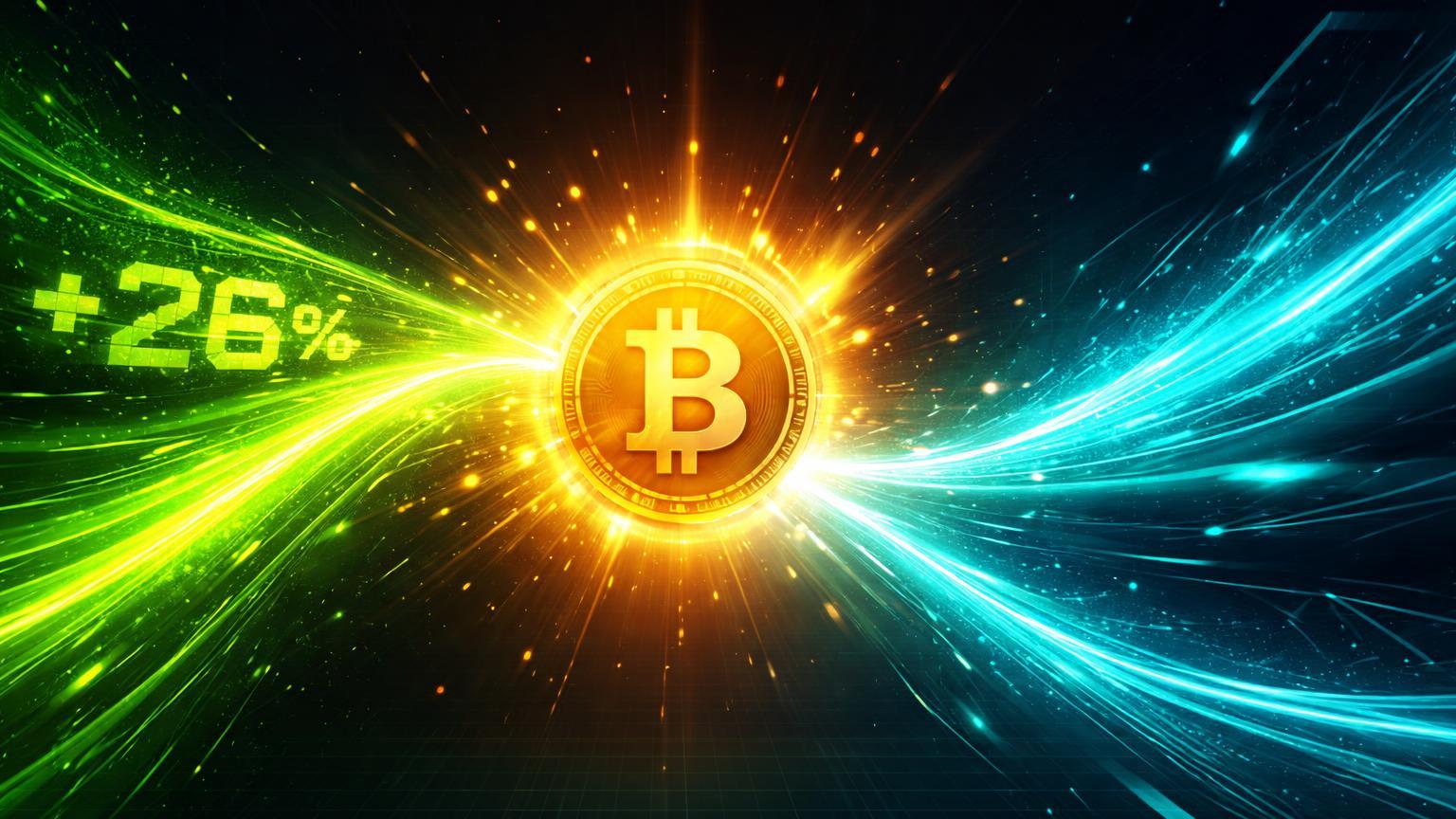 Ondas neon verde e cyan convergindo para núcleo dourado Bitcoin com '+26%' luminoso, simbolizando otimismo de Rivian e Nvidia para ativos de risco