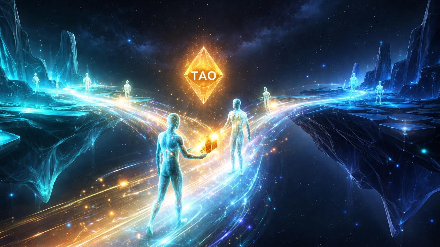 Agentes IA translúcidos cruzando ponte etérea entre plataformas Solana e EVM com cristal TAO, simbolizando trades cross-chain autônomos no DeFi