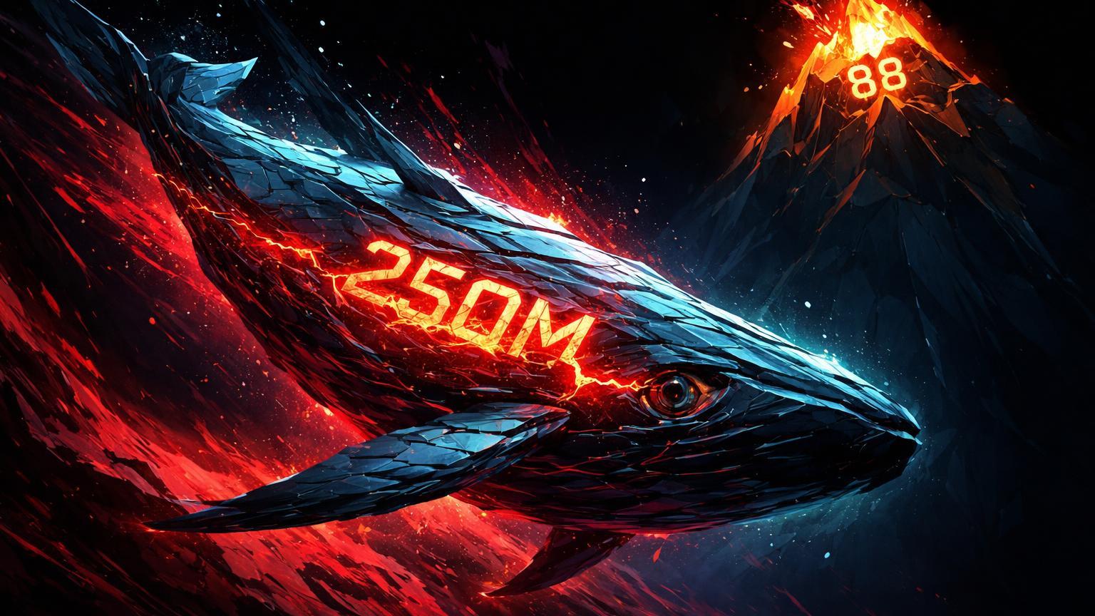 Baleia colossal de ETH rachada com '250M' vermelha mergulhando em vórtice de liquidações, pico Solana rejeitado desmoronando, simbolizando perdas massivas