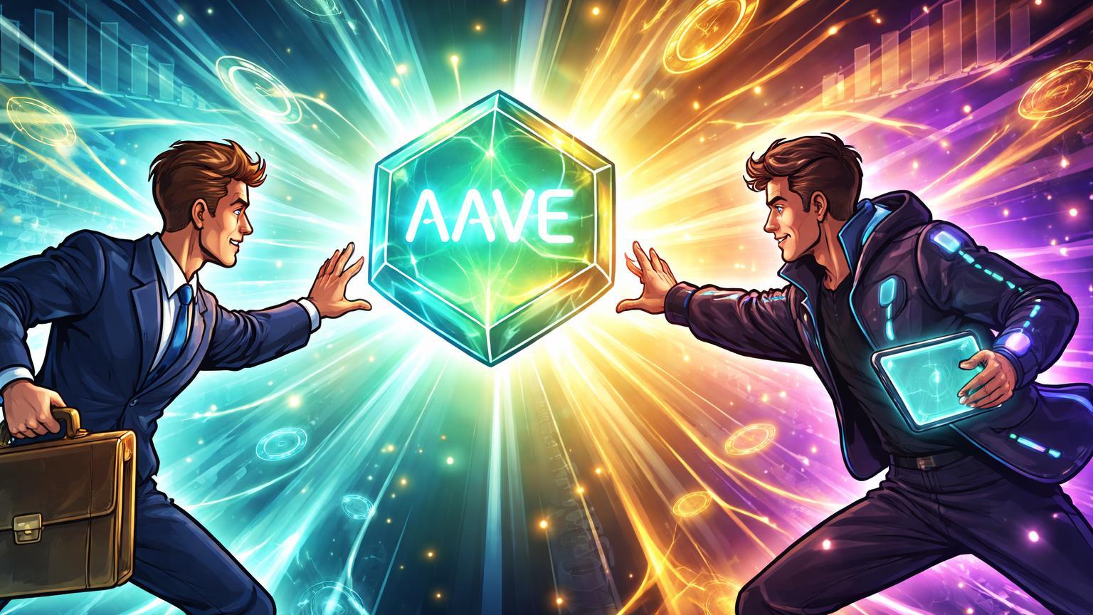 Personagens cartoon de Grayscale e Bitwise disputando prisma Aave luminoso, simbolizando competição por ETF e avanço DeFi institucional