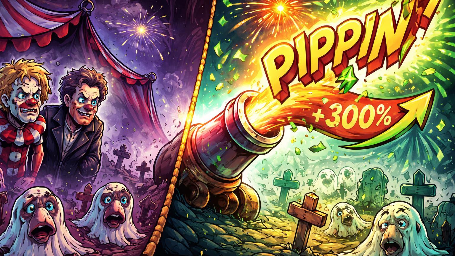 Cena cartoon de circo bipartido: celebridades tristes com cemiterio de Bored Ape NFTs e canhao PIPPIN explodindo 300%, ilustrando circo volátil cripto