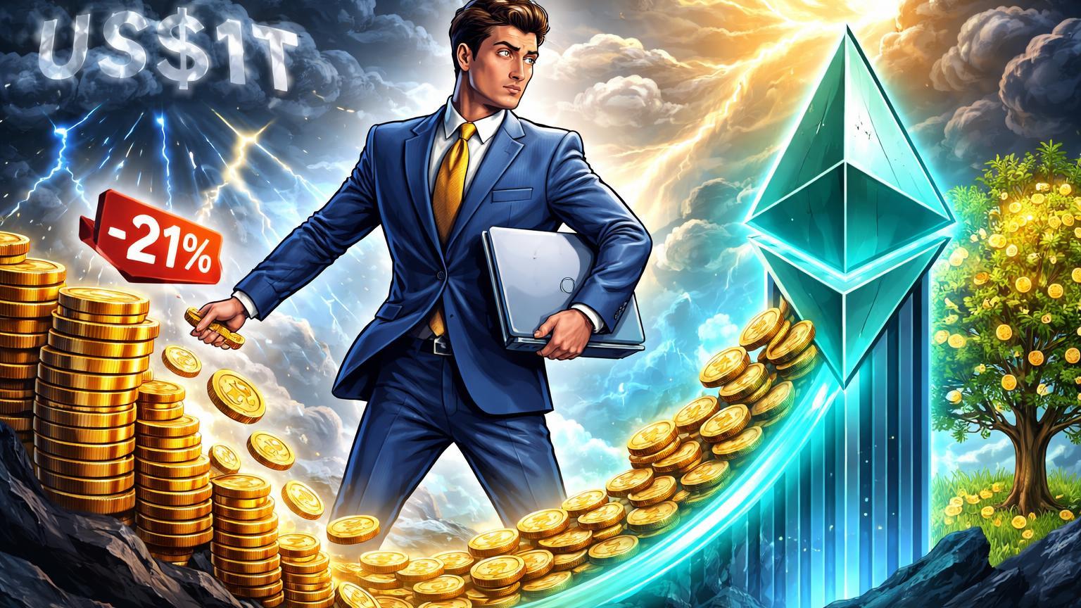 Gestor cartoon reduzindo pilha BTC e elevando estrutura ETH em meio a tempestade de mercado, simbolizando rotação estratégica de Harvard