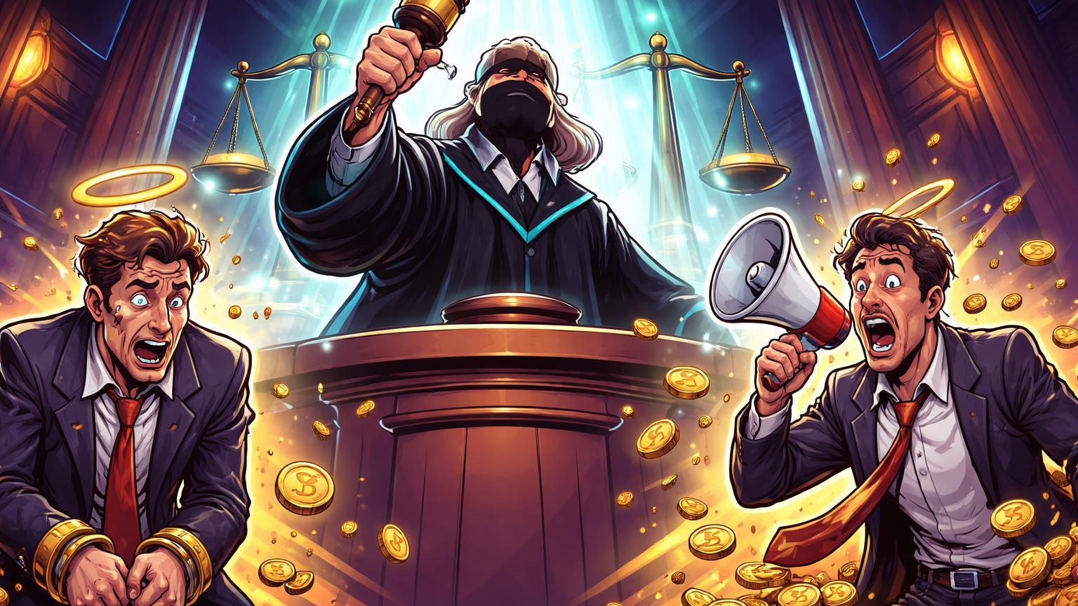 Juiz cartoon em tribunal digital punindo CEO fraudulento algemado e influenciador multado, simbolizando justiça contra golpes cripto